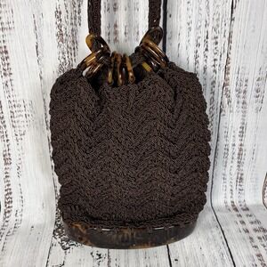 Y2K Revival Chocolate Brown Macrame Crochet Purse Crossbody Tortoise Hard Bottom